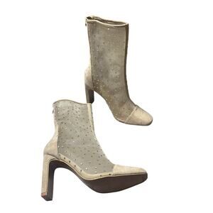 Lulus Samella Light Nude Suede Rhinestone Mesh Mid-Calf Boots